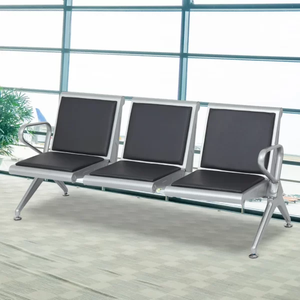 3-Link Padded Waiting Bench with ergonomic backrests and armrests, providing comfortable seating in a public space.