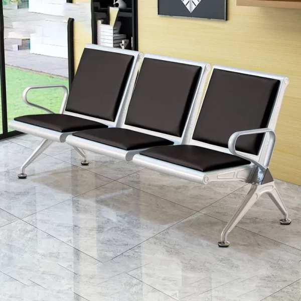 3-Link Padded Waiting Bench with ergonomic backrests and armrests, providing comfortable seating in a public space.