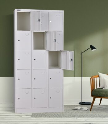 The 15-Door Office Steel Cabinet is a highly secure and efficient storage solution designed for organizing documents, personal items, and office supplies in busy work environments. With its multiple compartments, this cabinet is ideal for schools, corporate offices, institutions, and shared workspaces where individual storage and proper organization are essential. In addition, its sleek steel finish gives it a professional appearance that complements modern office interiors. Ample Multi-Compartment Storage This cabinet features 15 individual doors, each providing separate storage space for users. As a result, it allows multiple employees to store their belongings securely in one centralized unit. Moreover, the compartmentalized design helps maintain order and prevents mixing of items, thereby improving organization and accessibility within the workspace. Strong and Durable Steel Construction Built from high-quality steel, the 15-Door Office Steel Cabinet offers exceptional strength and durability. Consequently, it can withstand heavy daily use in demanding office environments. The robust structure ensures long-lasting performance, while the reinforced doors provide added security for stored items. In addition, the steel material is resistant to wear, making it a reliable storage solution over time. Secure and Practical Design Each compartment is designed to accommodate a lock, allowing users to secure their personal or confidential items safely. Therefore, this cabinet is particularly suitable for environments where privacy and security are important. Furthermore, the design promotes easy access, enabling users to store and retrieve items quickly and conveniently. Key Features 15 individual lockable compartments for organized storage Strong steel construction for durability and stability Secure storage suitable for personal and office items Space-saving vertical design for efficient use of office space Resistant to daily wear and long-term usage Professional and modern appearance Ideal for offices, schools, and institutions In conclusion, the 15-Door Office Steel Cabinet is a reliable and practical storage solution that combines security, durability, and efficiency. Overall, it helps maintain an organized workspace while providing individual storage access for multiple users in one compact unit.