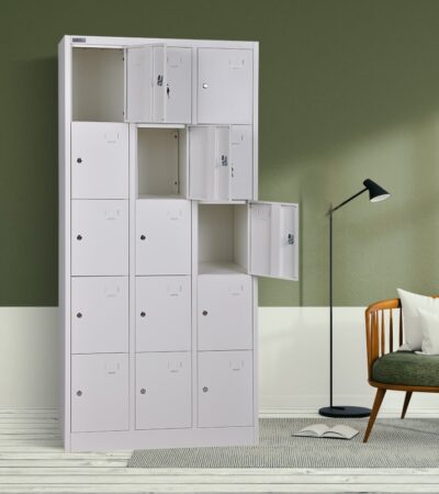 The 15-Door Office Steel Cabinet is a highly secure and efficient storage solution designed for organizing documents, personal items, and office supplies in busy work environments. With its multiple compartments, this cabinet is ideal for schools, corporate offices, institutions, and shared workspaces where individual storage and proper organization are essential. In addition, its sleek steel finish gives it a professional appearance that complements modern office interiors. Ample Multi-Compartment Storage This cabinet features 15 individual doors, each providing separate storage space for users. As a result, it allows multiple employees to store their belongings securely in one centralized unit. Moreover, the compartmentalized design helps maintain order and prevents mixing of items, thereby improving organization and accessibility within the workspace. Strong and Durable Steel Construction Built from high-quality steel, the 15-Door Office Steel Cabinet offers exceptional strength and durability. Consequently, it can withstand heavy daily use in demanding office environments. The robust structure ensures long-lasting performance, while the reinforced doors provide added security for stored items. In addition, the steel material is resistant to wear, making it a reliable storage solution over time. Secure and Practical Design Each compartment is designed to accommodate a lock, allowing users to secure their personal or confidential items safely. Therefore, this cabinet is particularly suitable for environments where privacy and security are important. Furthermore, the design promotes easy access, enabling users to store and retrieve items quickly and conveniently. Key Features 15 individual lockable compartments for organized storage Strong steel construction for durability and stability Secure storage suitable for personal and office items Space-saving vertical design for efficient use of office space Resistant to daily wear and long-term usage Professional and modern appearance Ideal for offices, schools, and institutions In conclusion, the 15-Door Office Steel Cabinet is a reliable and practical storage solution that combines security, durability, and efficiency. Overall, it helps maintain an organized workspace while providing individual storage access for multiple users in one compact unit.